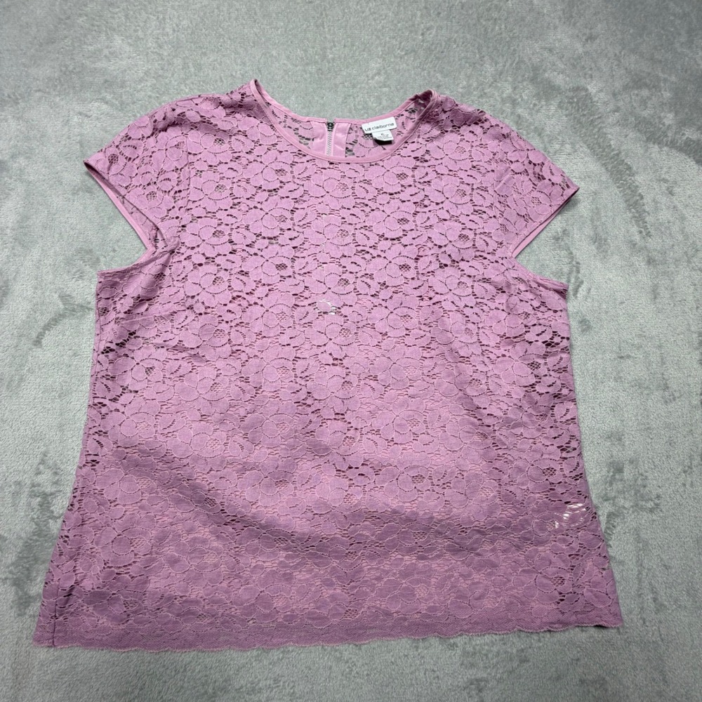Vintage Liz Claiborne Purple Floral Lace Cap Sleeve Blouse XL Cotton Blend 2000s